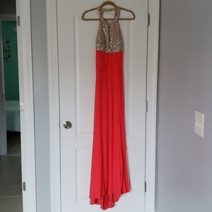 Morgan & Co Coral and Gold Openbacked w/ Slit Gown